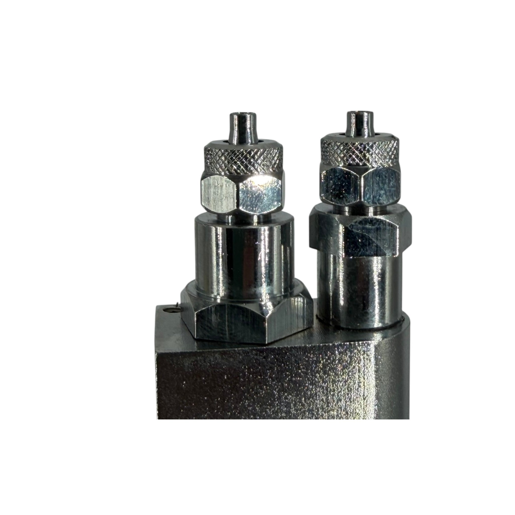 Two metallic cylindrical mechanical components with knurled adjustment nuts, mounted on a dark metal base against a plain white background.