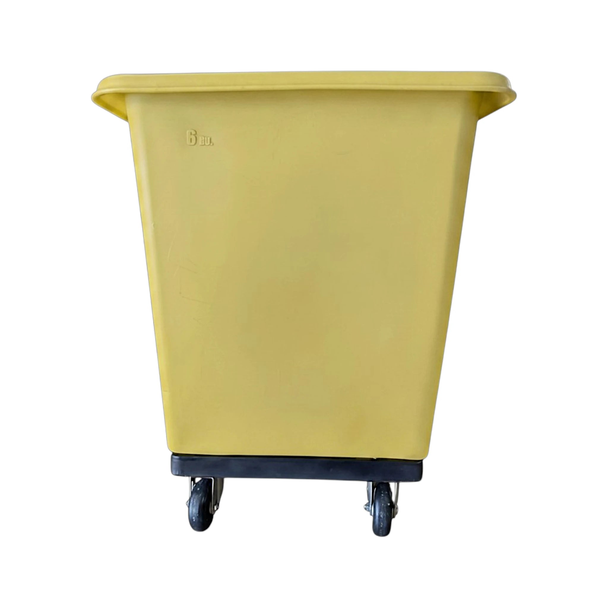 6-bushel poly truck blue side view showing poly construction depth and non-marking casters for high-speed laundry facilities