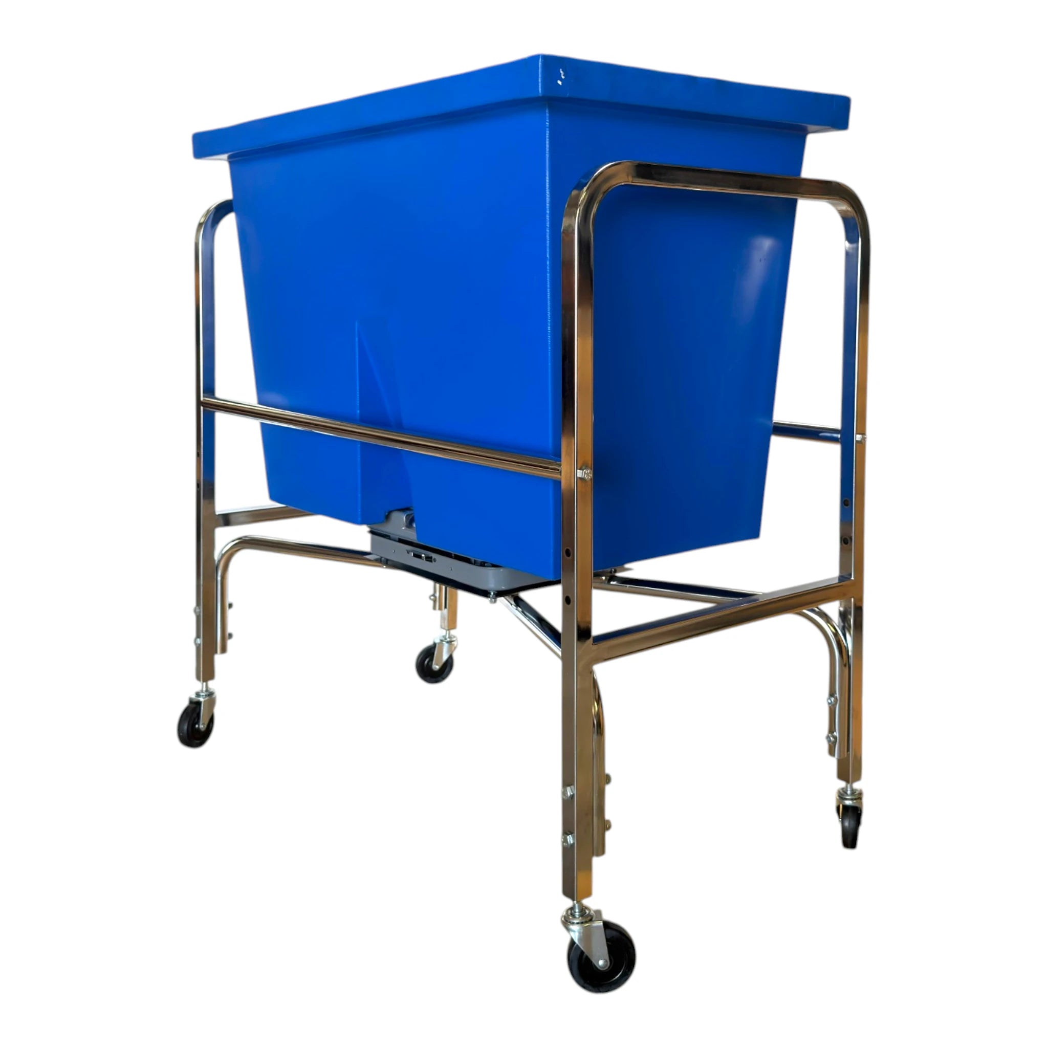 S54 six bushel laundry scale isometric right view showing chrome frame blue removable poly tub and caster wheels