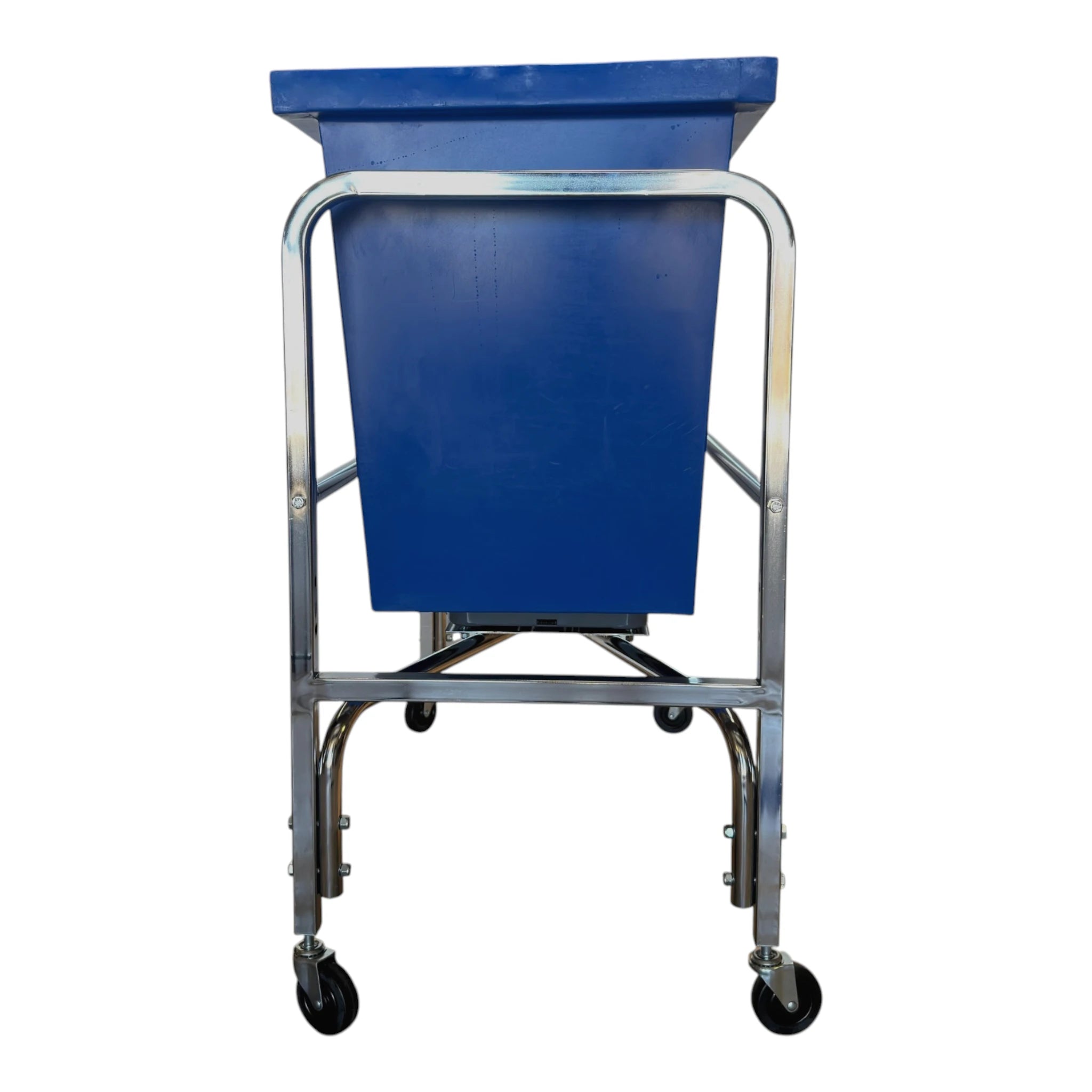S54 six bushel laundry scale side view showing chrome frame removable blue poly tub memory lock dial scale head