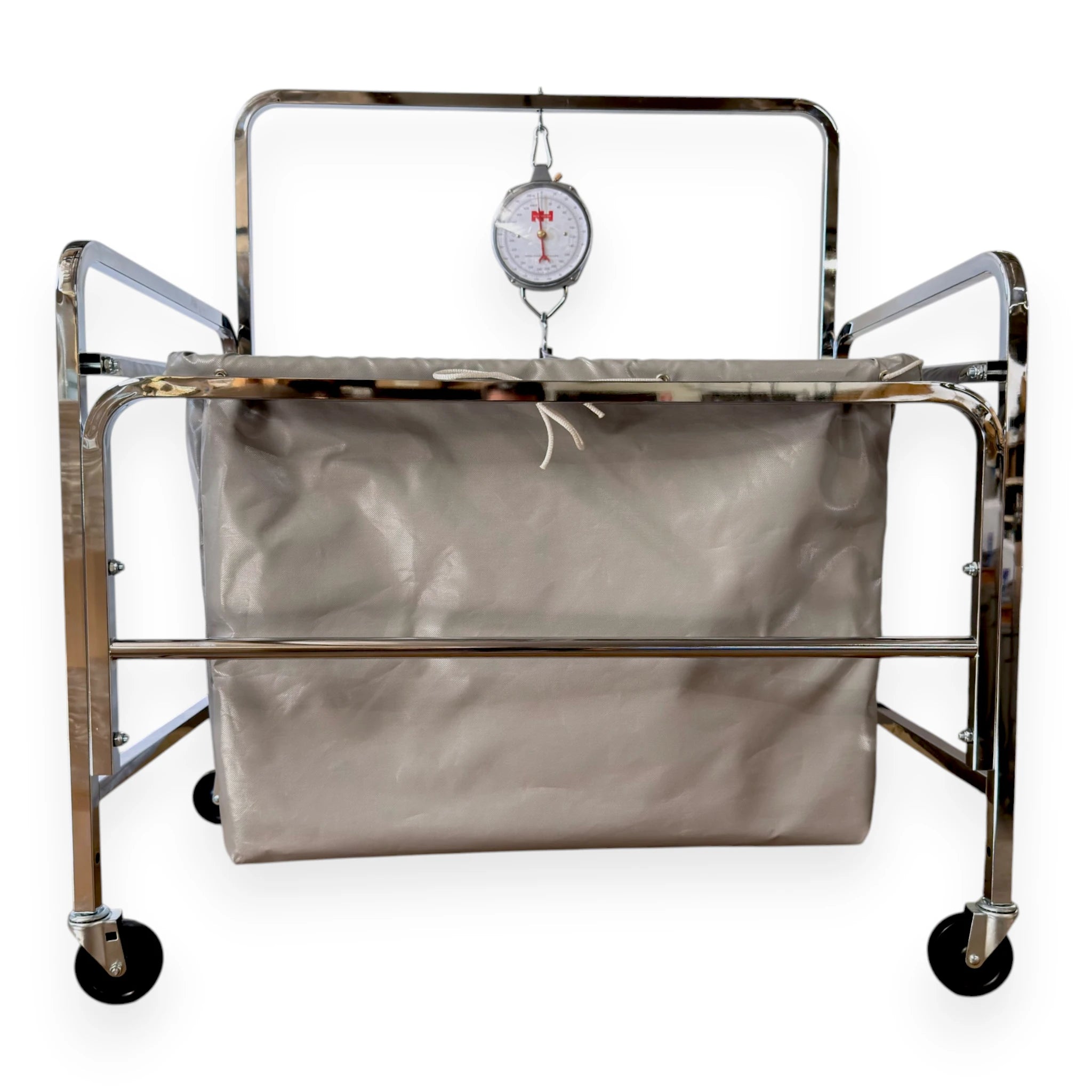 S70 industrial laundry scale front view chrome tubular frame heavy duty vinyl liner 330 lb dial scale head on casters