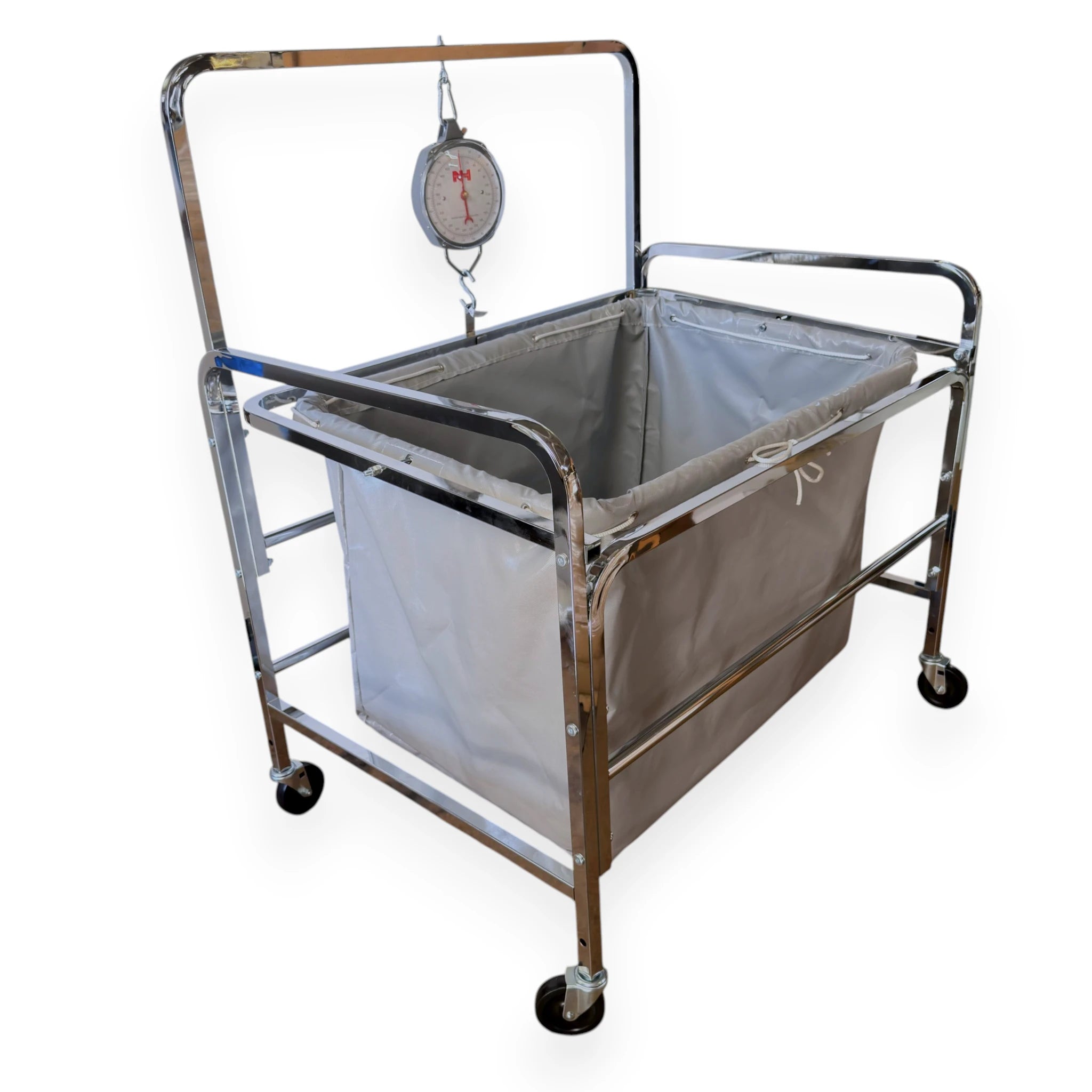 S70 industrial laundry scale isometric view showing chrome frame open top heavy duty vinyl liner dial scale head 330 lb capacity