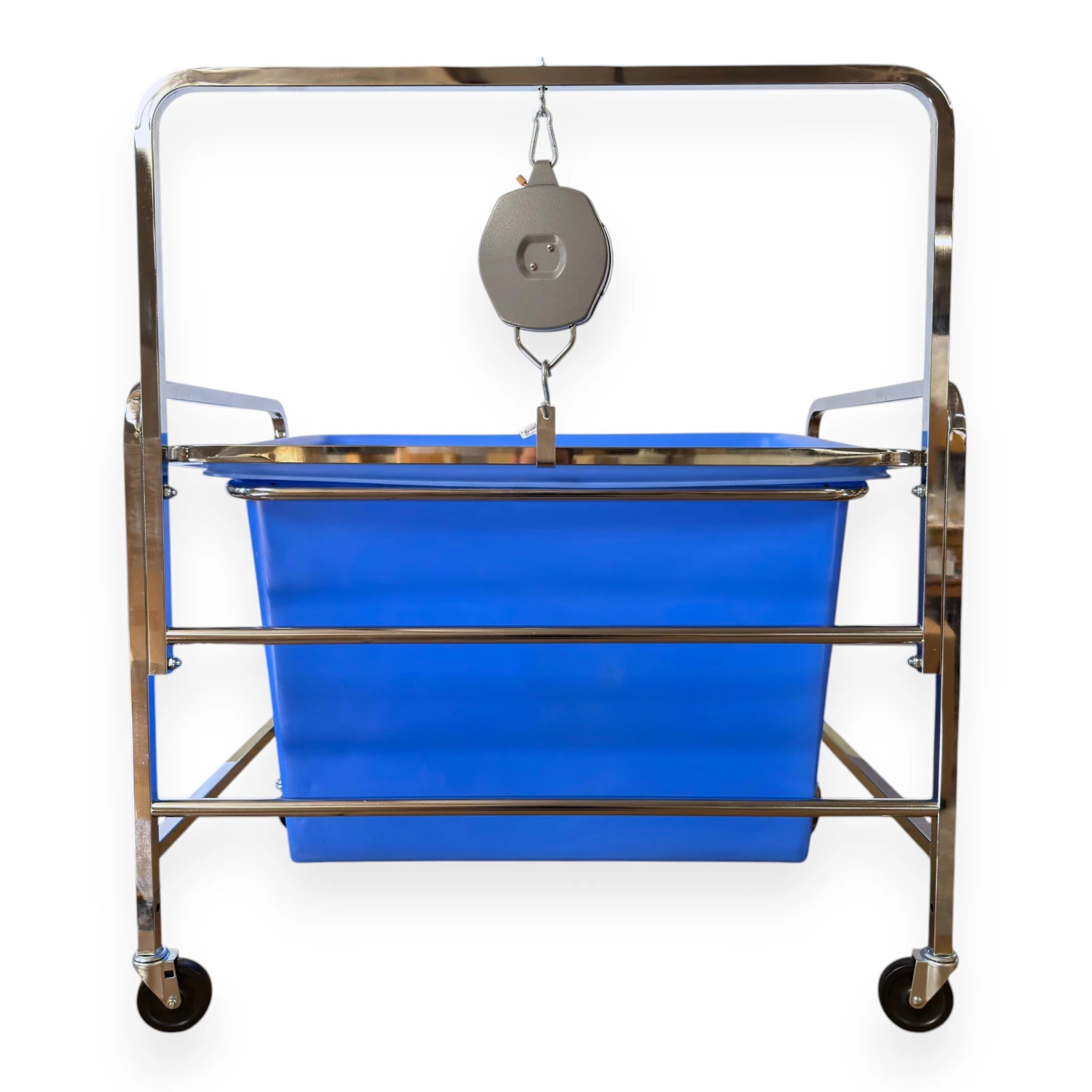 S70PL industrial laundry scale rear view showing back of Newhouse dial scale head chrome frame blue poly liner and casters