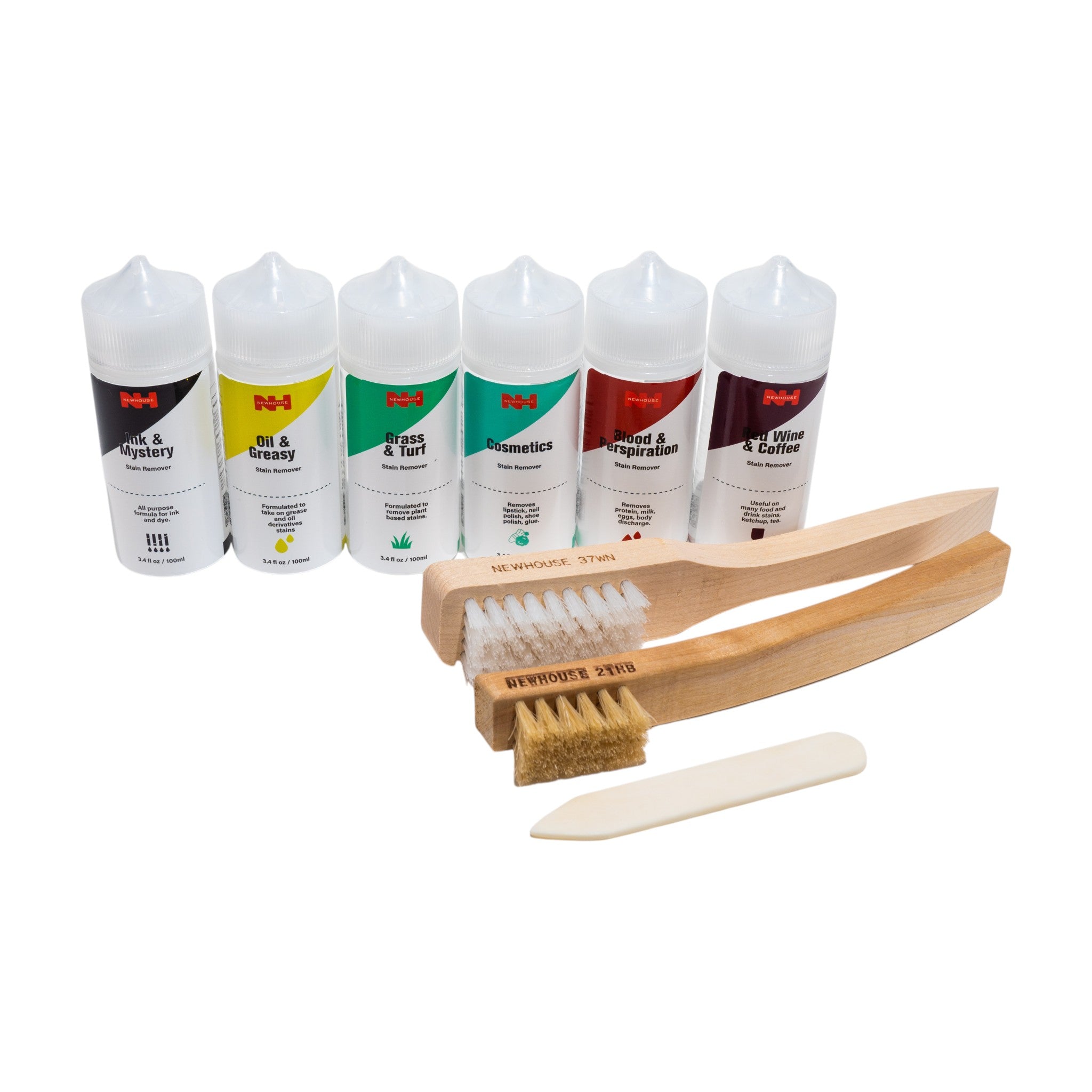 Fabric stain remover complete kit with 6 spotting solutions nylon brush hog hair brush and spotting bone for dry cleaning