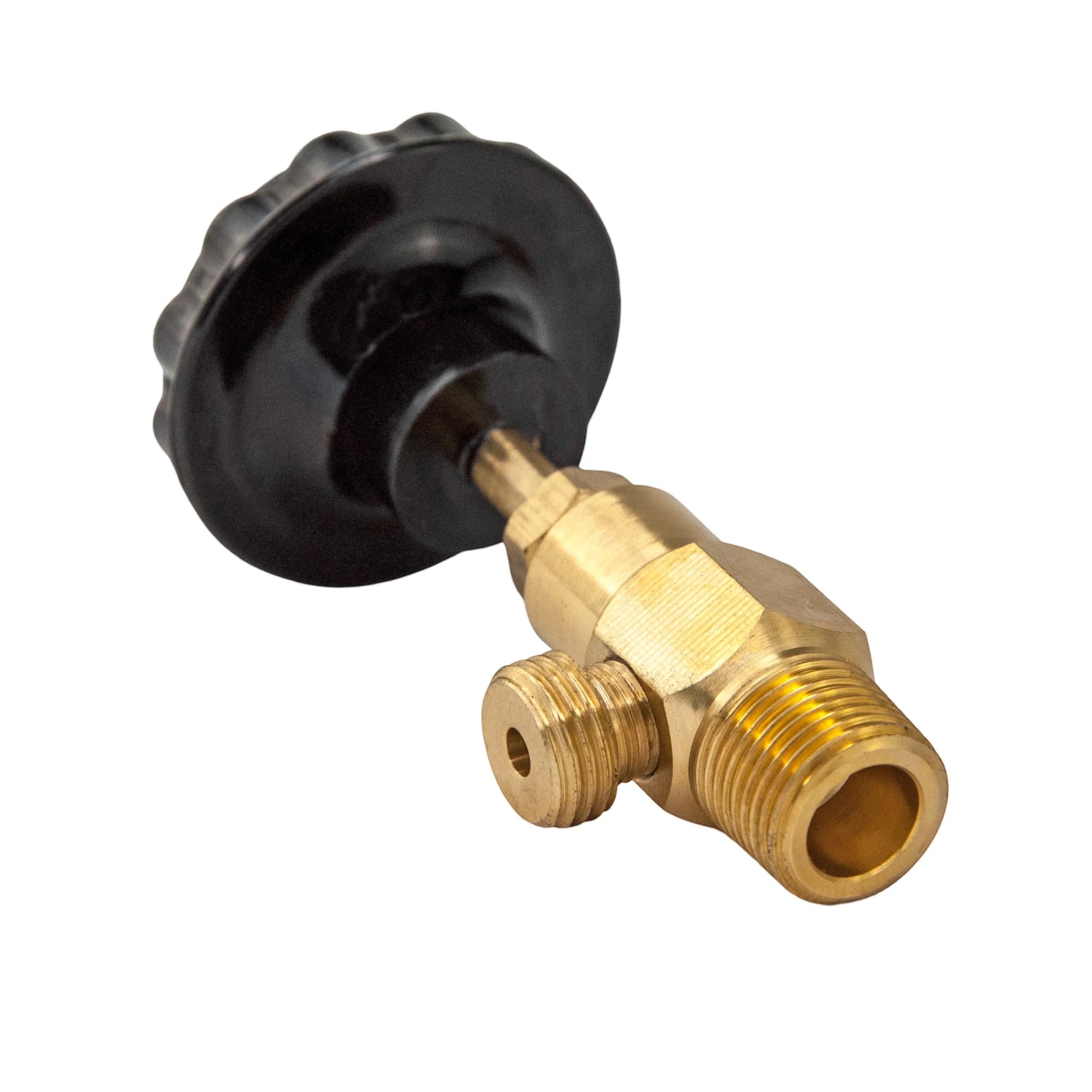 A brass and black adjustable pressure regulator valve with 3/8 inch threaded connections.