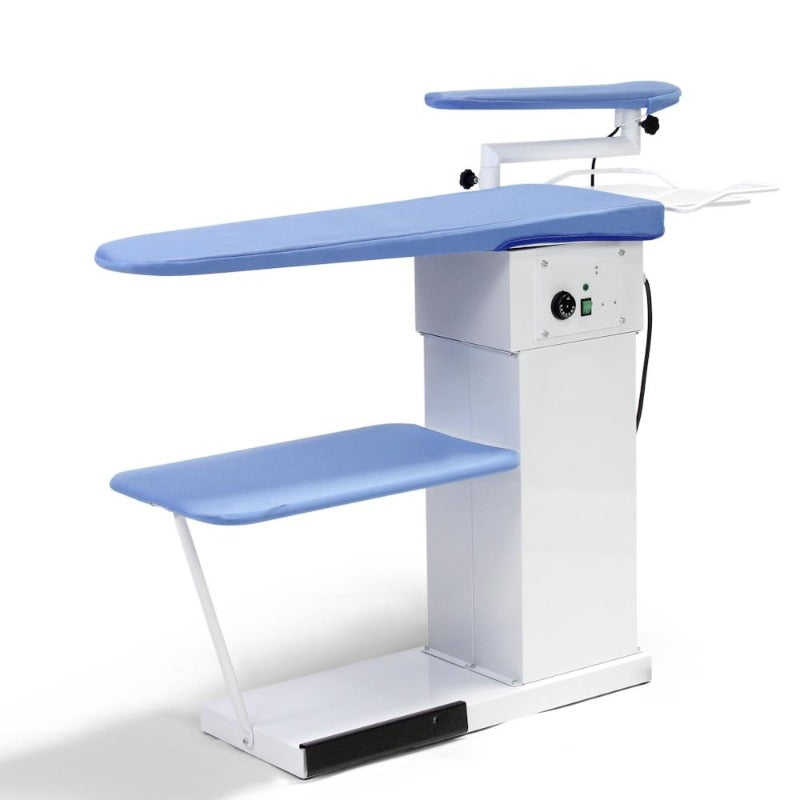 BS-108 vacuum ironing board isometric view showing full profile 52 inch frame built-in vacuum motor sleeve arm and heated pressing surface