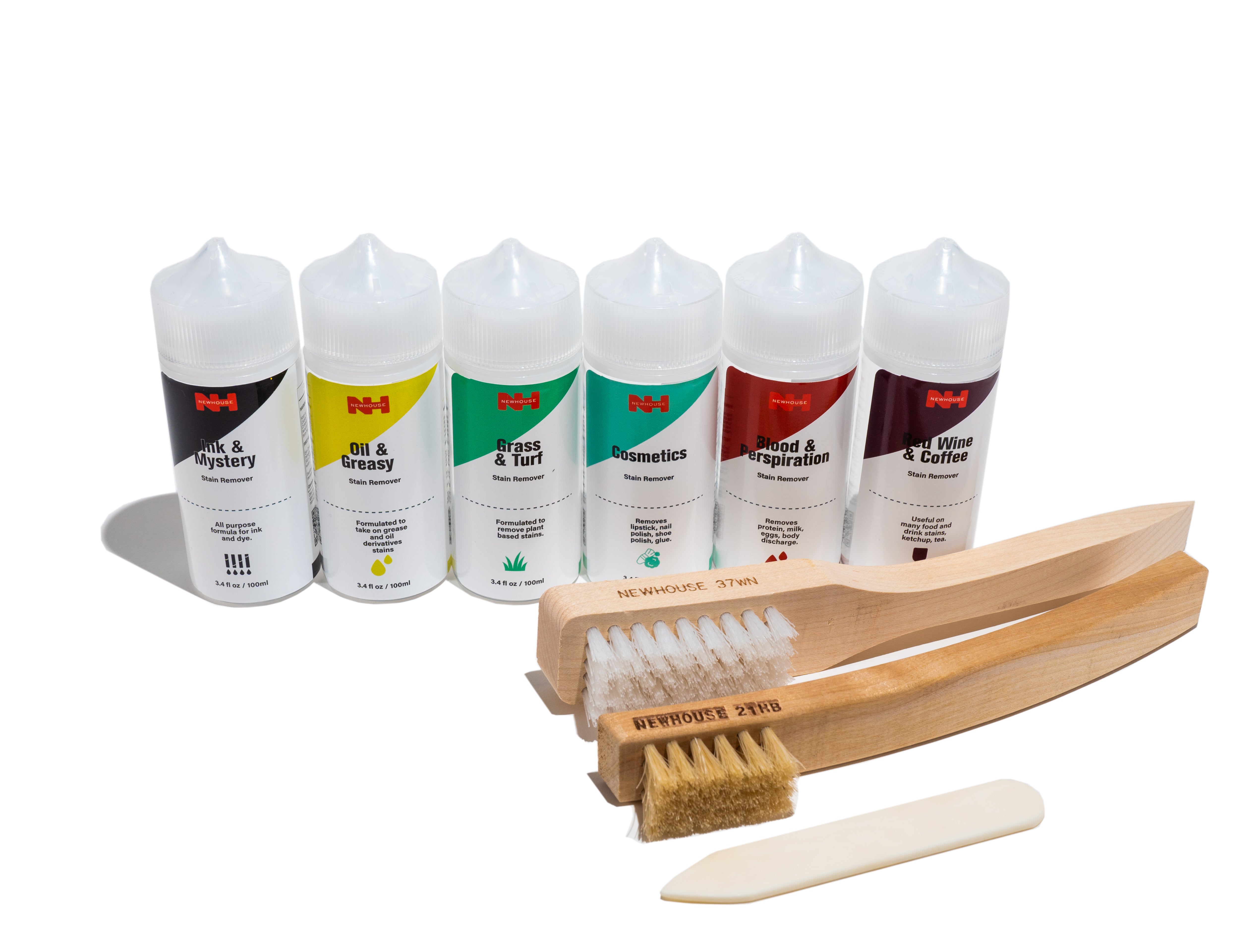 Fabric stain remover complete kit with 6 spotting solutions nylon brush hog hair brush and spotting bone for dry cleaning