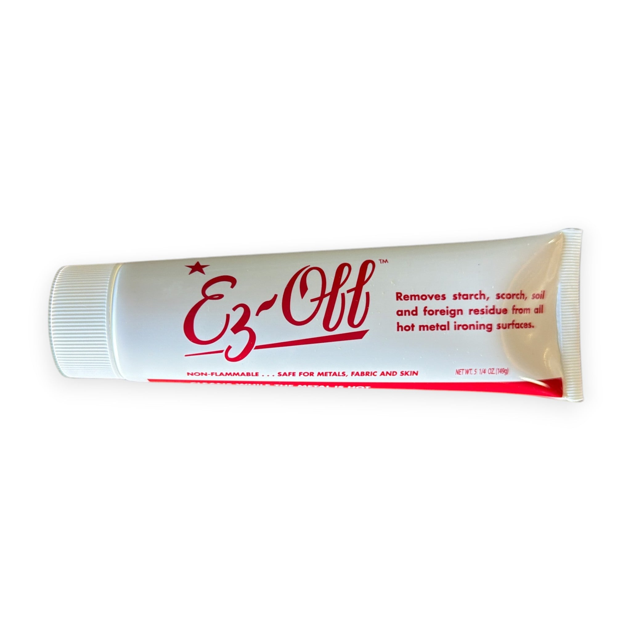 Ez-Off hot iron cleaner 5.25 oz tube dispenser removes scorch starch soil residue from iron plates non-flammable safe for metals fabrics skin