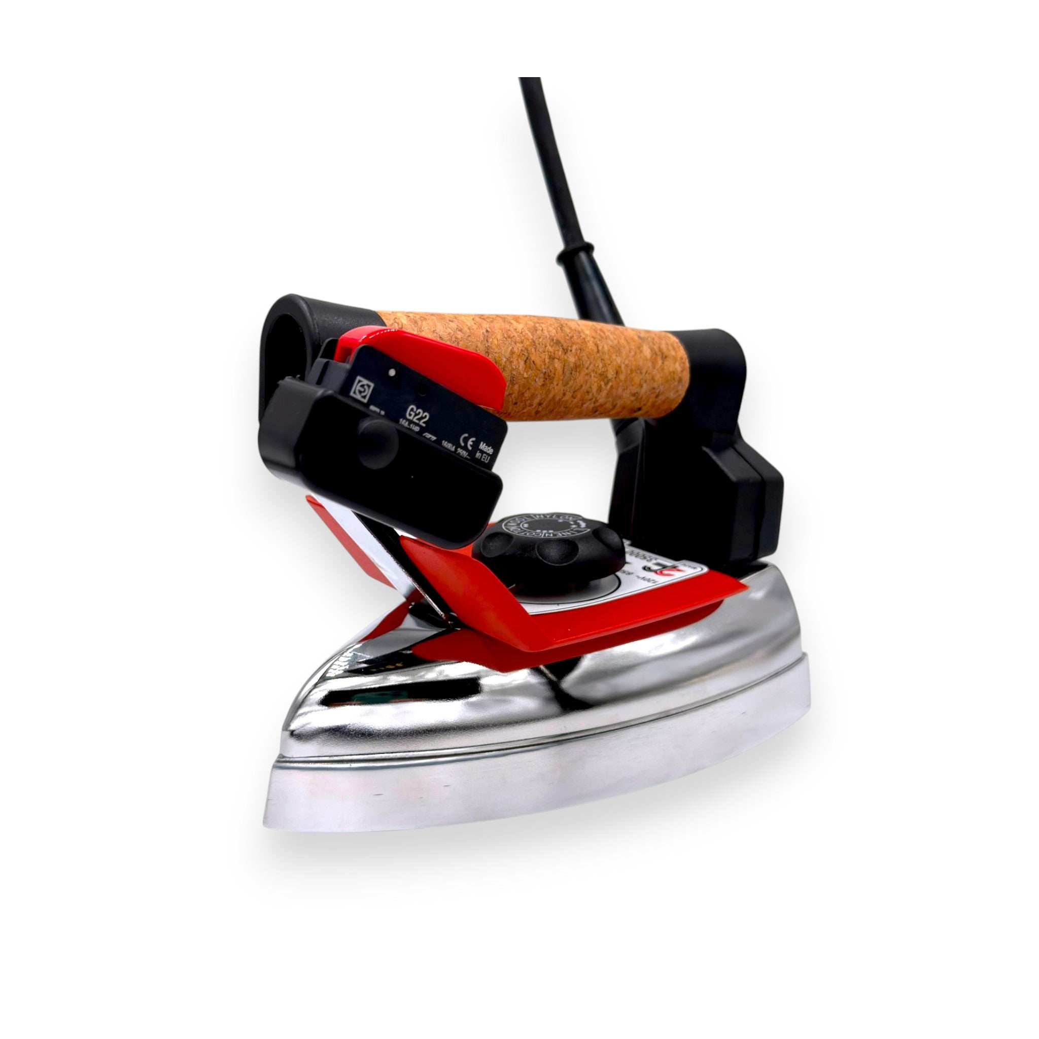 Due Effe 3500 steam electric iron isometric view showing full profile cast aluminum sole plate cork handle and heat shield