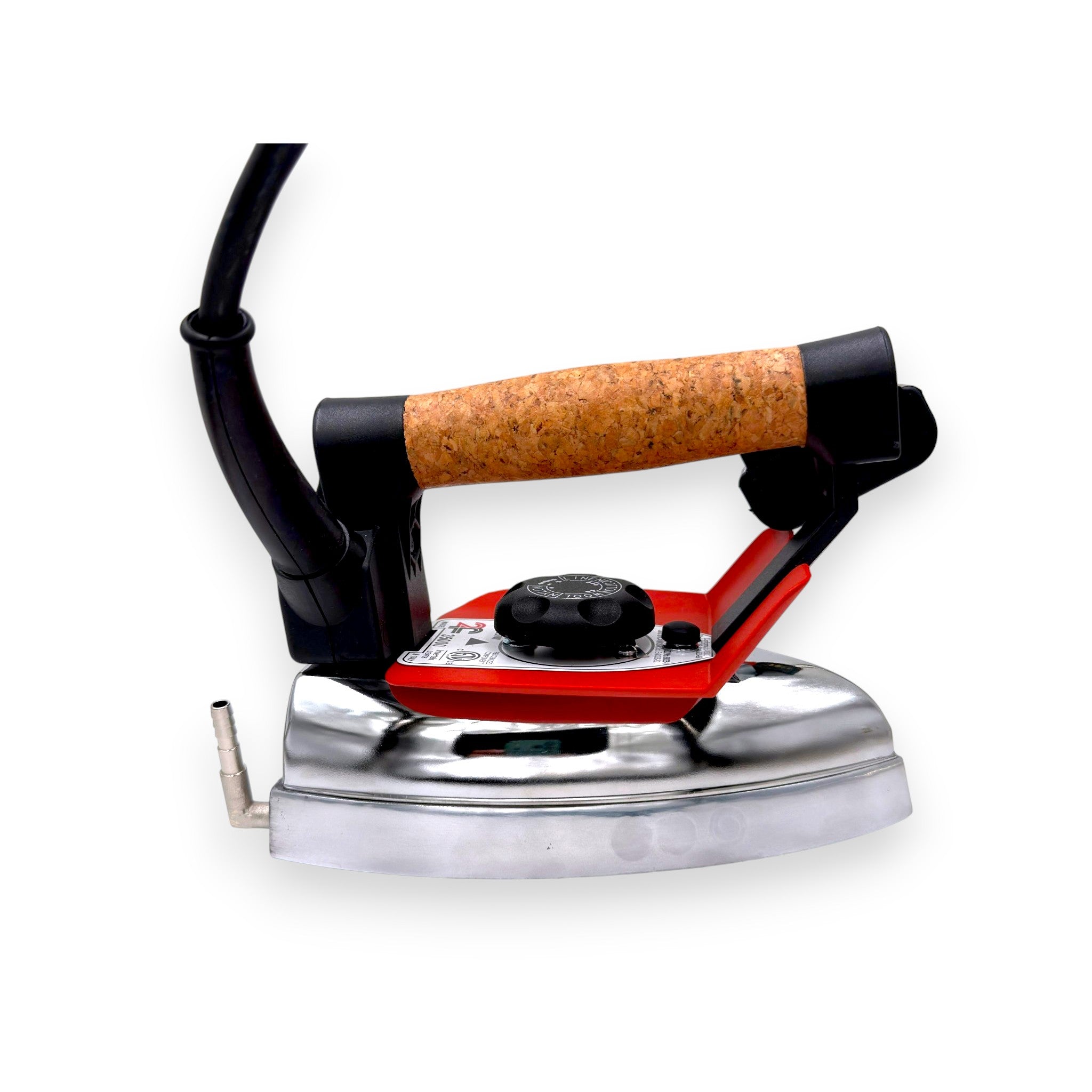 Due Effe ACA1000 steam electric iron side view showing cast aluminum sole plate and cork grip handle 120V 220V