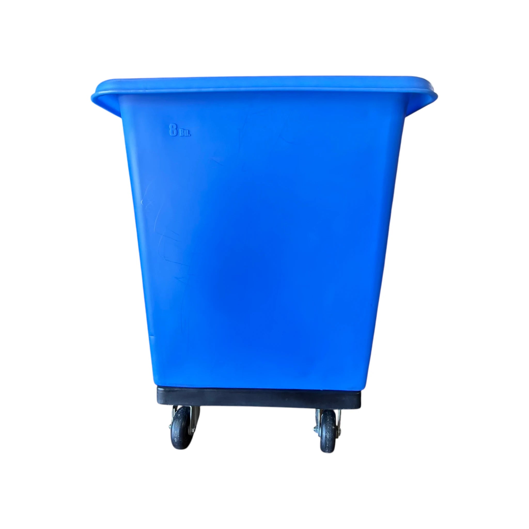 LP8 8-bushel poly truck blue side view showing poly construction depth and non-marking casters for high-speed laundry facilities