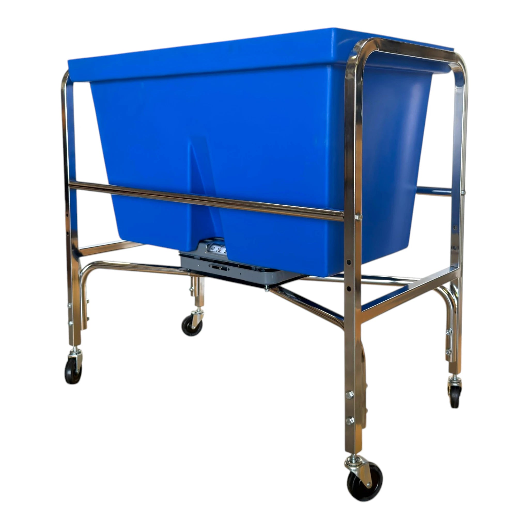 S53 four bushel laundry scale isometric right view showing chrome frame blue removable poly tub and caster wheels