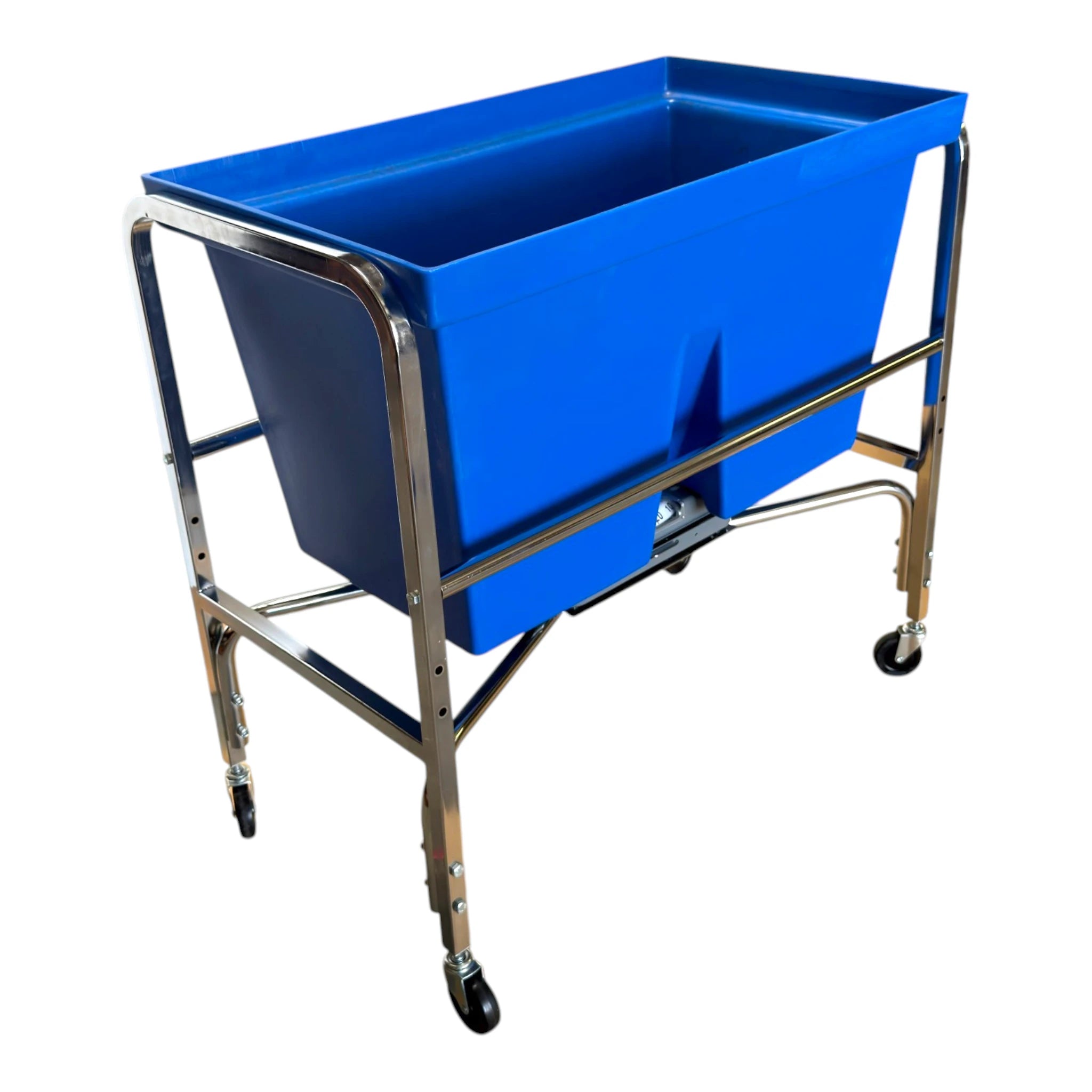 S53 four bushel laundry scale isometric left view showing chrome frame removable blue poly tub memory lock dial scale head
