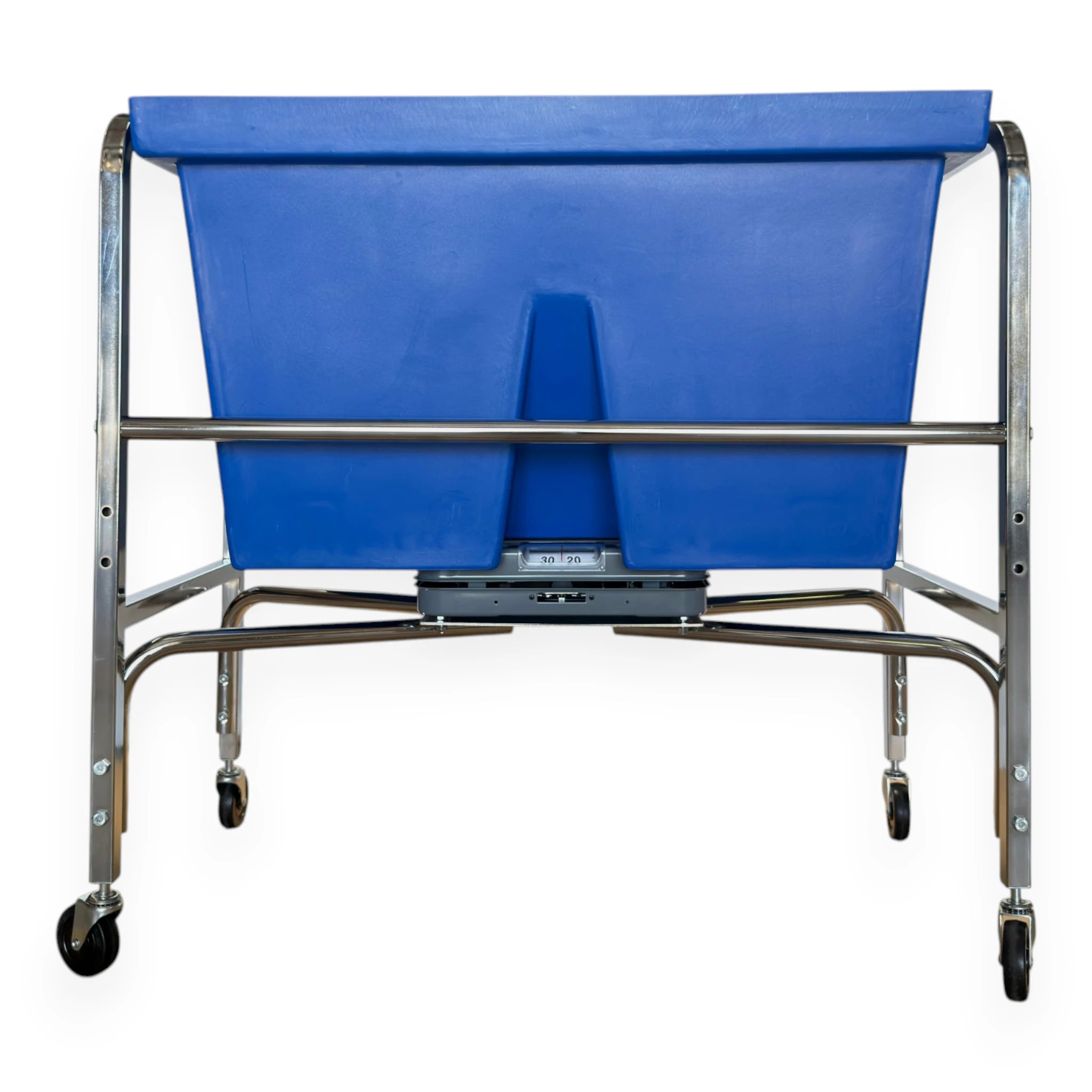 S53 four bushel laundry scale front view chrome tubular frame blue poly tub memory lock dial scale head on casters