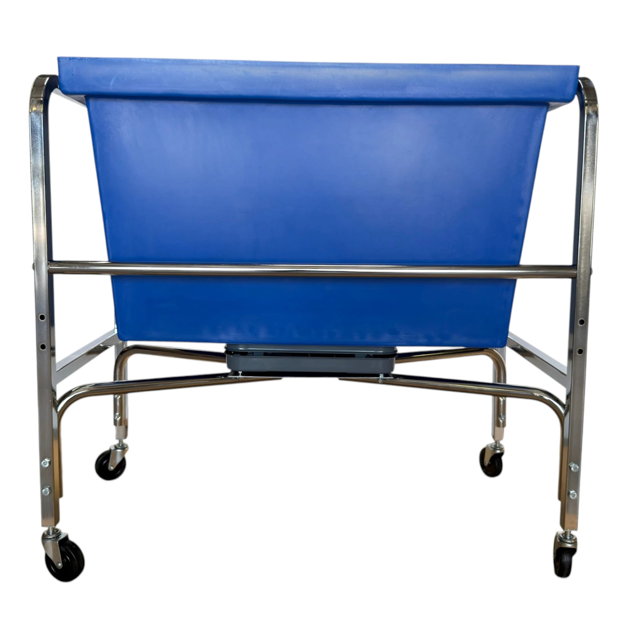 S53 four bushel laundry scale rear view showing chrome tubular frame back panel blue poly tub and casters