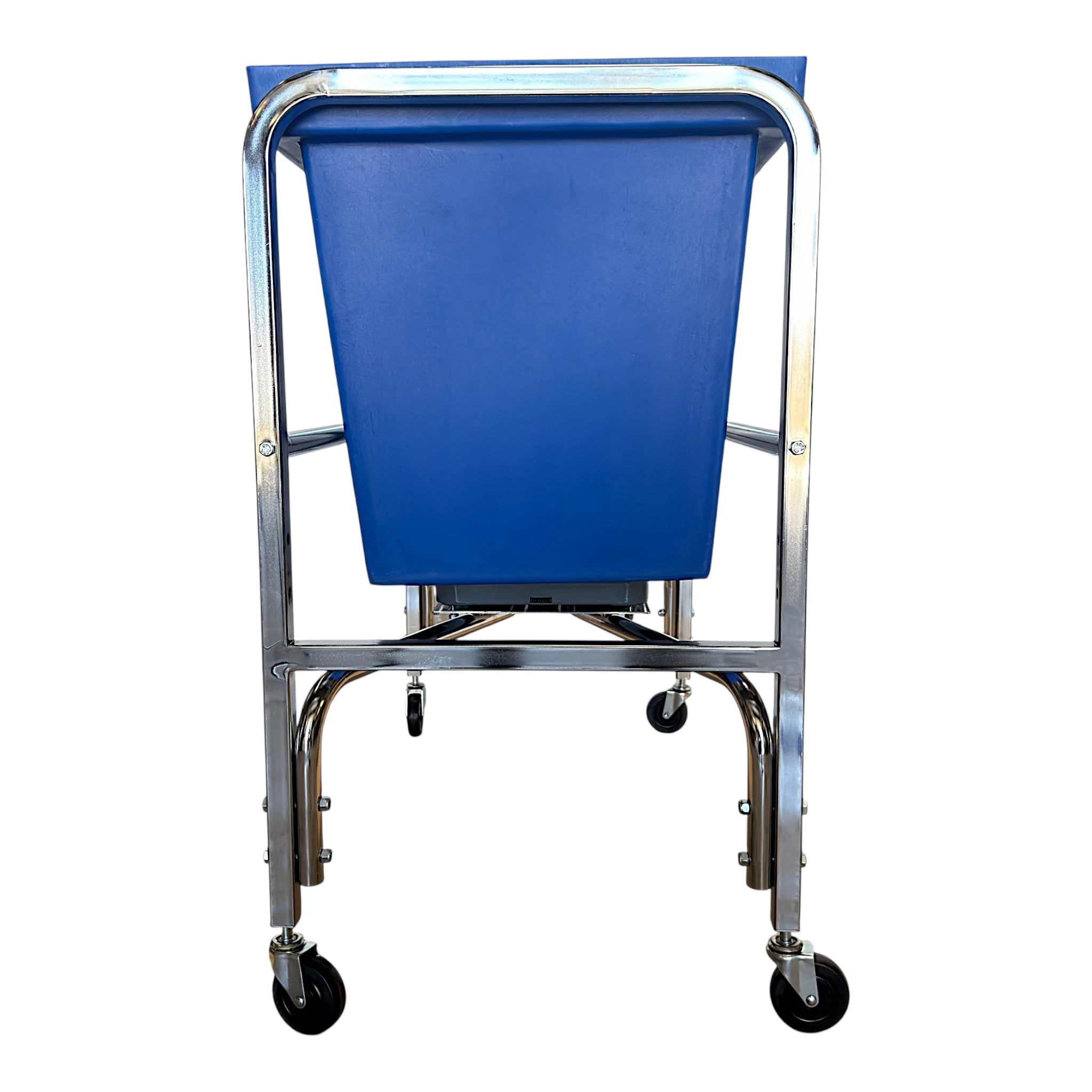 S53 four bushel laundry scale side profile view showing chrome frame depth blue poly tub hand pull rails and casters