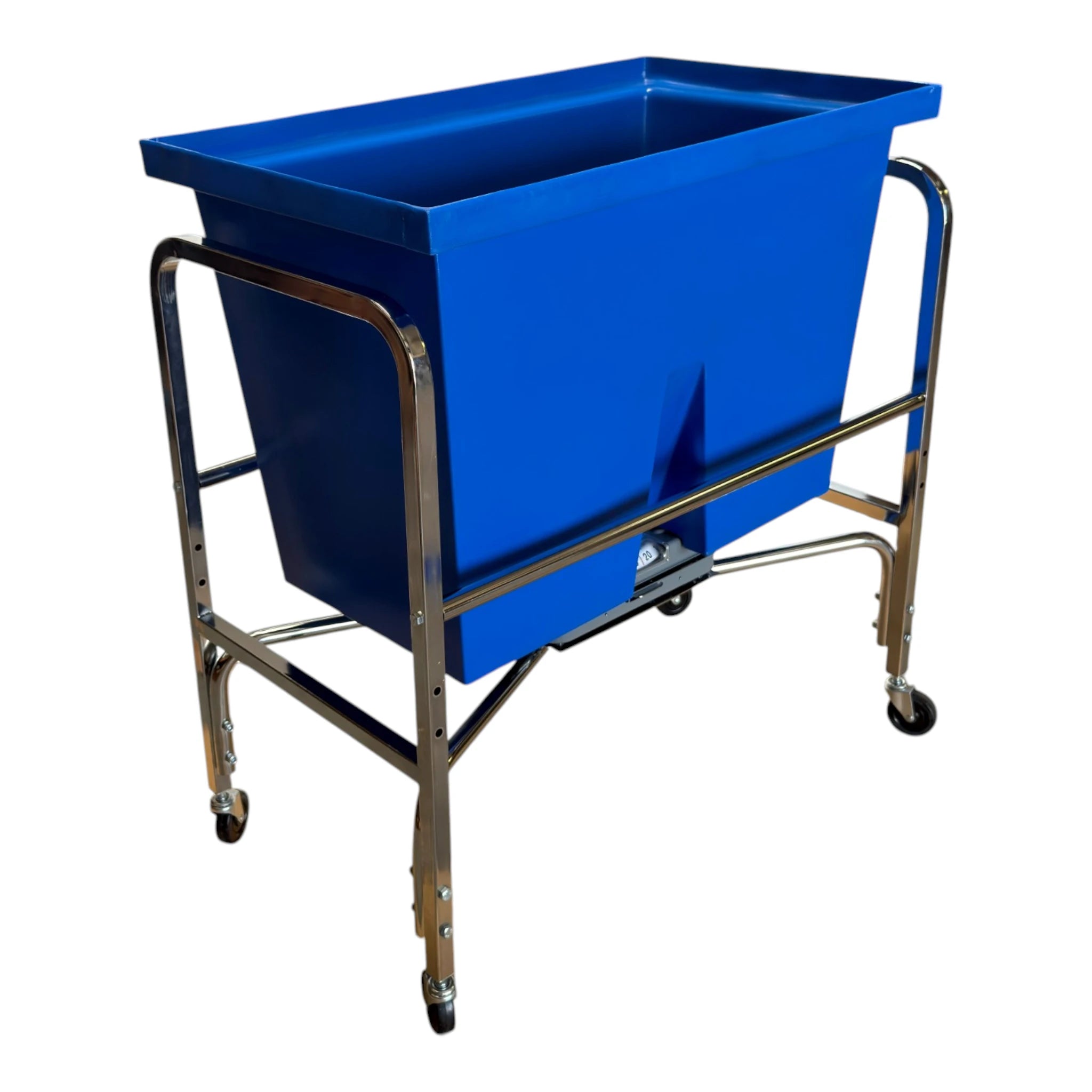 S54 six bushel laundry scale side profile view showing chrome frame depth blue poly tub hand pull rails and casters