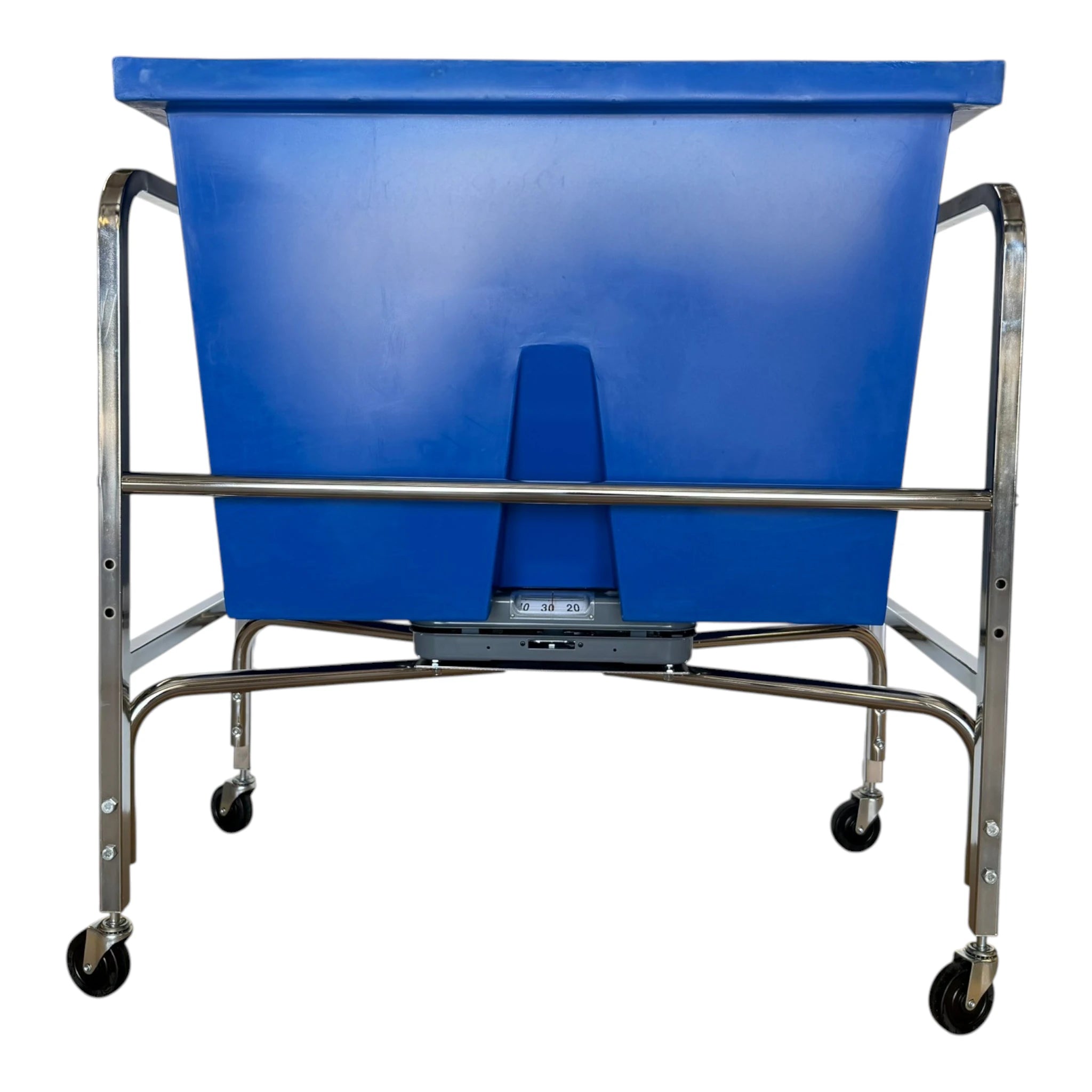 S54 six bushel laundry scale front view chrome tubular frame blue poly tub memory lock dial scale head on casters