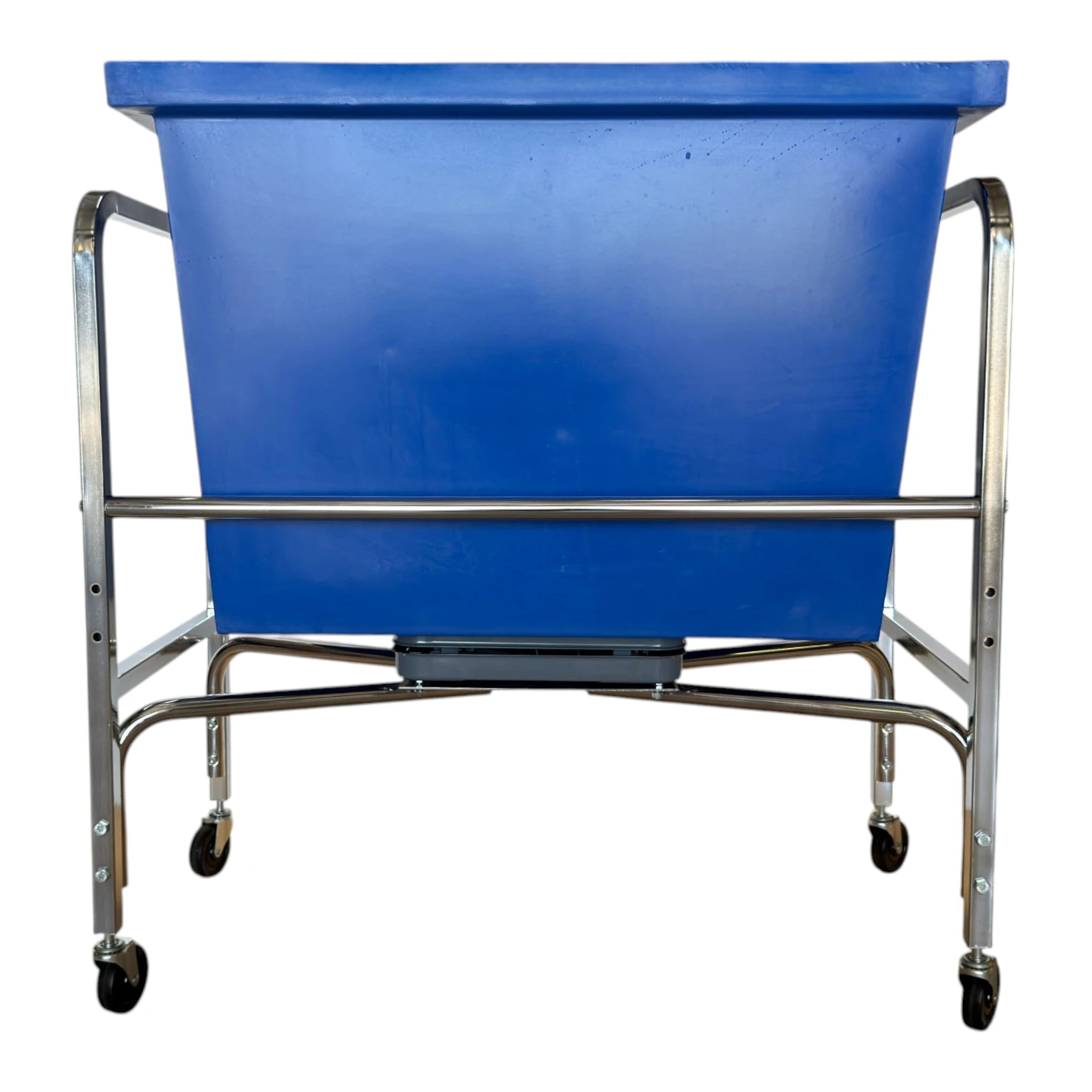 S54 six bushel laundry scale rear view showing chrome tubular frame back panel blue poly tub and casters