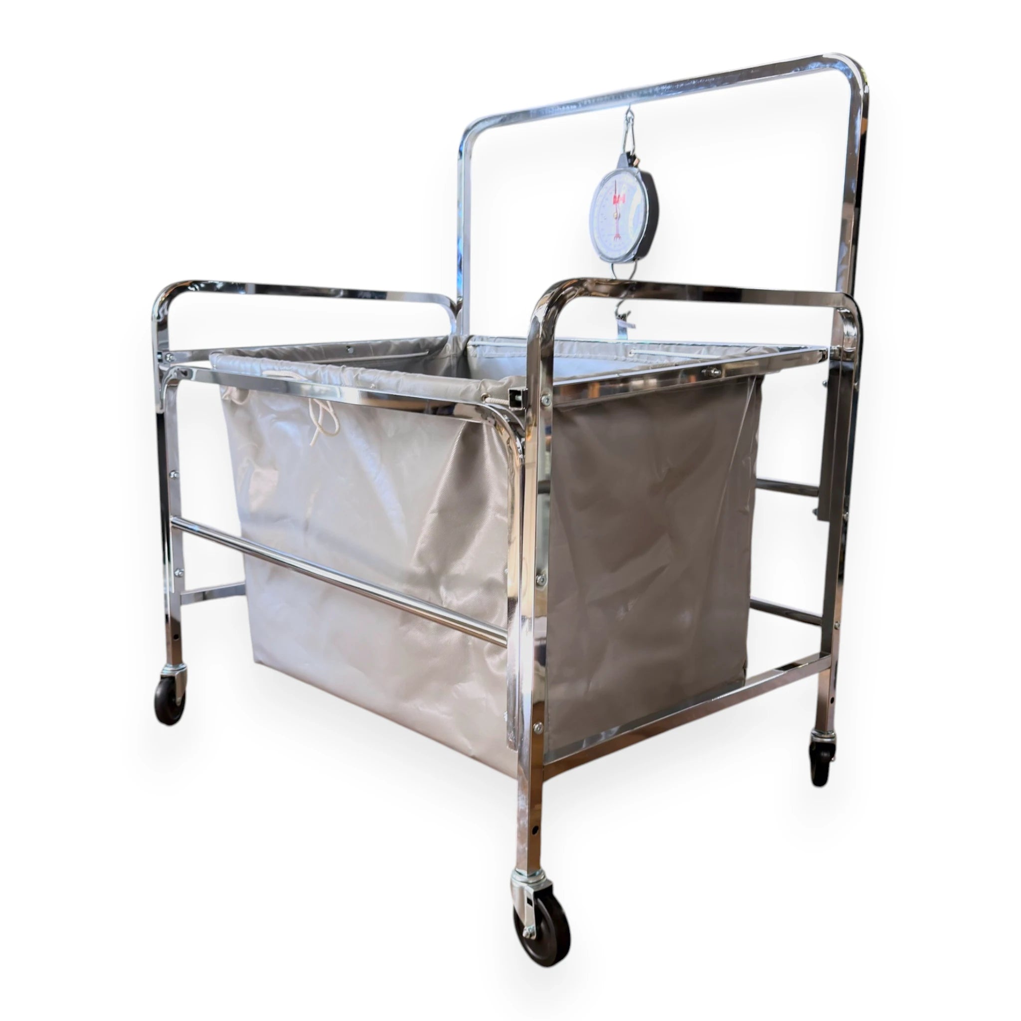 S70 industrial laundry scale right side view showing chrome frame vinyl liner open top construction and suspended dial scale head