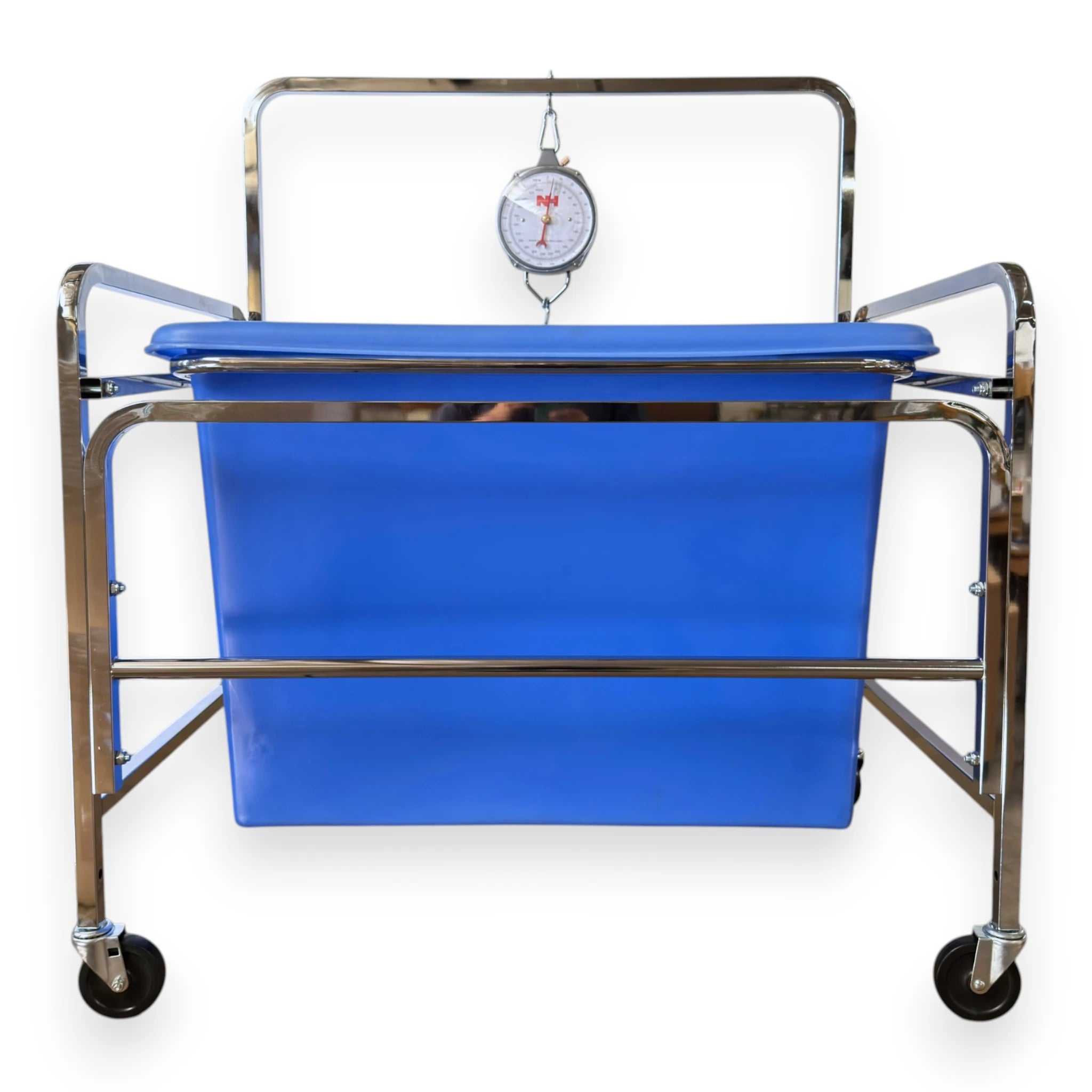 S70PL industrial basket laundry scale 300 lb capacity all-steel tubular frame with hand pulls and poly liner basket for hotels and commercial laundry