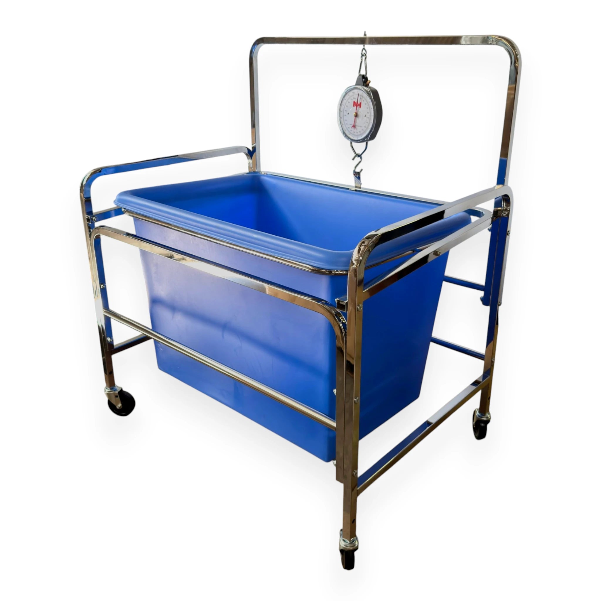 S70PL industrial laundry scale isometric view showing full unit chrome frame removable blue poly liner dial scale head 300 lb capacity