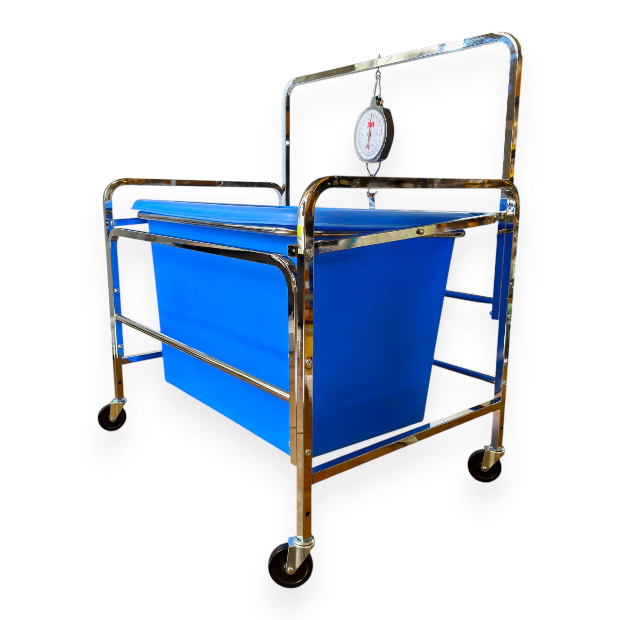 S70PL industrial laundry scale left side view showing chrome tubular frame hand pull rails blue poly liner and dial scale head